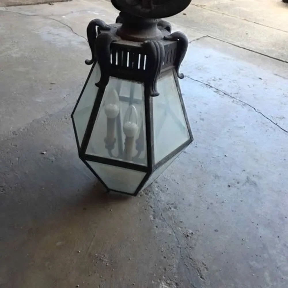 Vintage Gothic Revival Hanging Porch Lantern Large Tudor Cast Metal Entryway